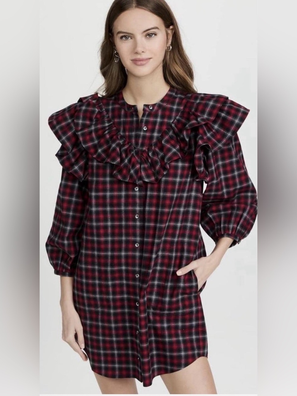 Something Navy Red and Black Plaid Ruffle Button-Up Dress